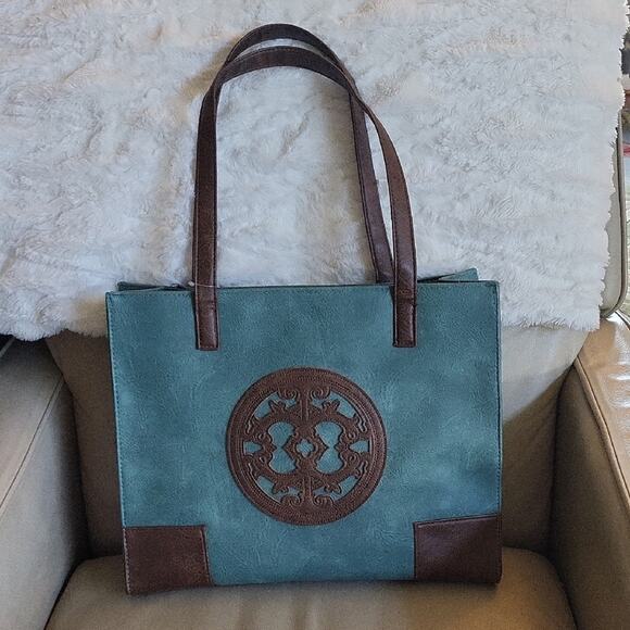 Classic Teal and Brown Tote Bag with Brown Faux Leather Accents - Picture 1 of 13